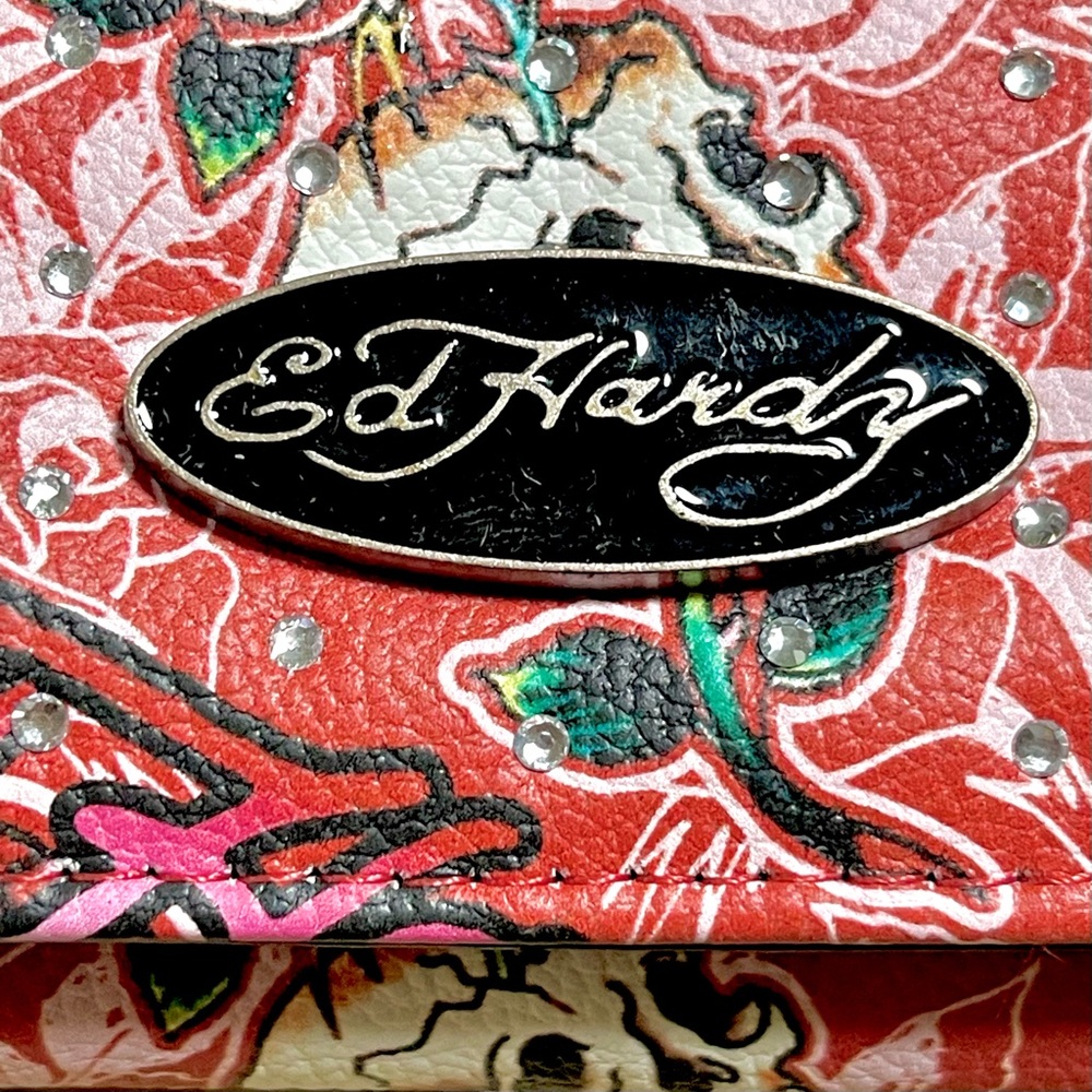 New Ed Hardy rhinestone skull and roses tattoo  folover wallet - Picture 5 of 5